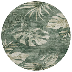 HomeRoots 8' Stylish Fern Green & Sage Round Floral Washable Rug for Indoor/Outdoor Spaces - Durable & Chic! 624027
