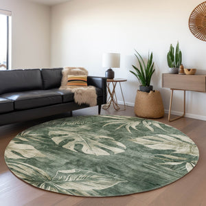 HomeRoots 8' Stylish Fern Green & Sage Round Floral Washable Rug for Indoor/Outdoor Spaces - Durable & Chic! 624027