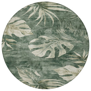 HomeRoots 8' Stylish Fern Green & Sage Round Floral Washable Rug for Indoor/Outdoor Spaces - Durable & Chic! 624027