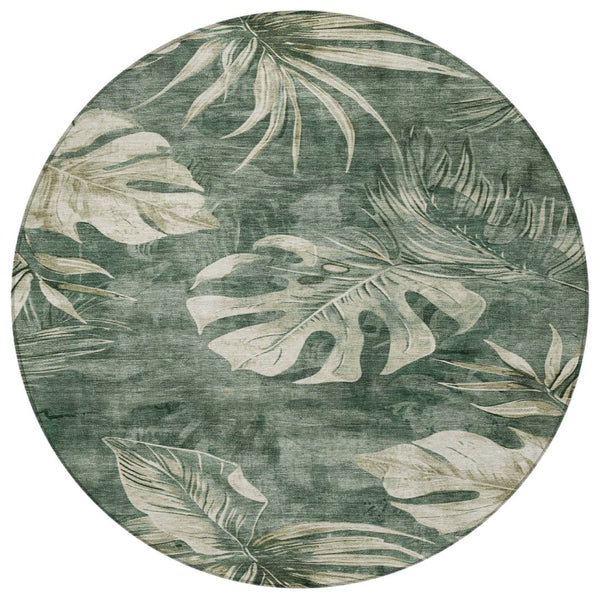HomeRoots 8' Stylish Fern Green & Sage Round Floral Washable Rug for Indoor/Outdoor Spaces - Durable & Chic! 624027