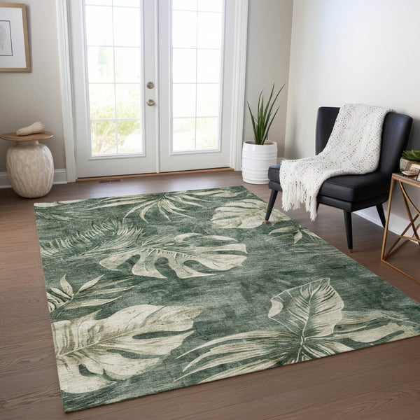 HomeRoots 9' X 12' Floral Area Rug in Fern Green & Sage - Washable, Durable for Indoor & Outdoor Use 624029