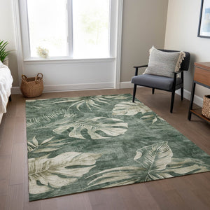 HomeRoots 9' X 12' Floral Area Rug in Fern Green & Sage - Washable, Durable for Indoor & Outdoor Use 624029
