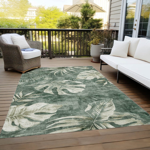 HomeRoots 9' X 12' Floral Area Rug in Fern Green & Sage - Washable, Durable for Indoor & Outdoor Use 624029