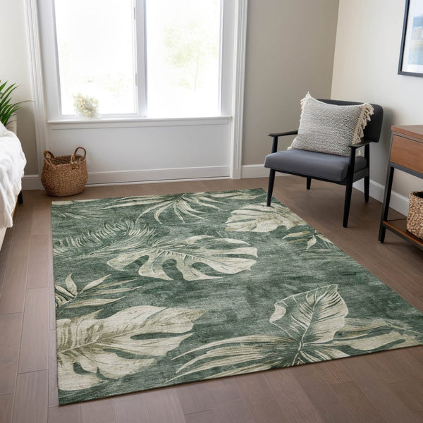 HomeRoots 10' X 14' Fern Green Floral Area Rug - Washable, Durable, Indoor/Outdoor Design for Homes & Patios 624030