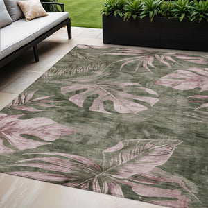 HomeRoots 5' X 8' Olive Green Floral Area Rug - Washable, Durable, Stylish Decor for Indoor & Outdoor Spaces 624032