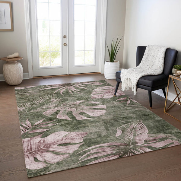 HomeRoots 5' X 8' Olive Green Floral Area Rug - Washable, Durable, Stylish Decor for Indoor & Outdoor Spaces 624032