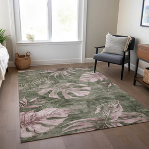 HomeRoots 5' X 8' Olive Green Floral Area Rug - Washable, Durable, Stylish Decor for Indoor & Outdoor Spaces 624032