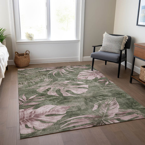 HomeRoots 5' X 8' Olive Green Floral Area Rug - Washable, Durable, Stylish Decor for Indoor & Outdoor Spaces 624032