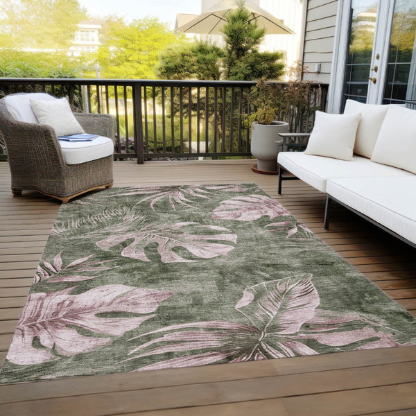 HomeRoots 5' X 8' Olive Green Floral Area Rug - Washable, Durable, Stylish Decor for Indoor & Outdoor Spaces 624032