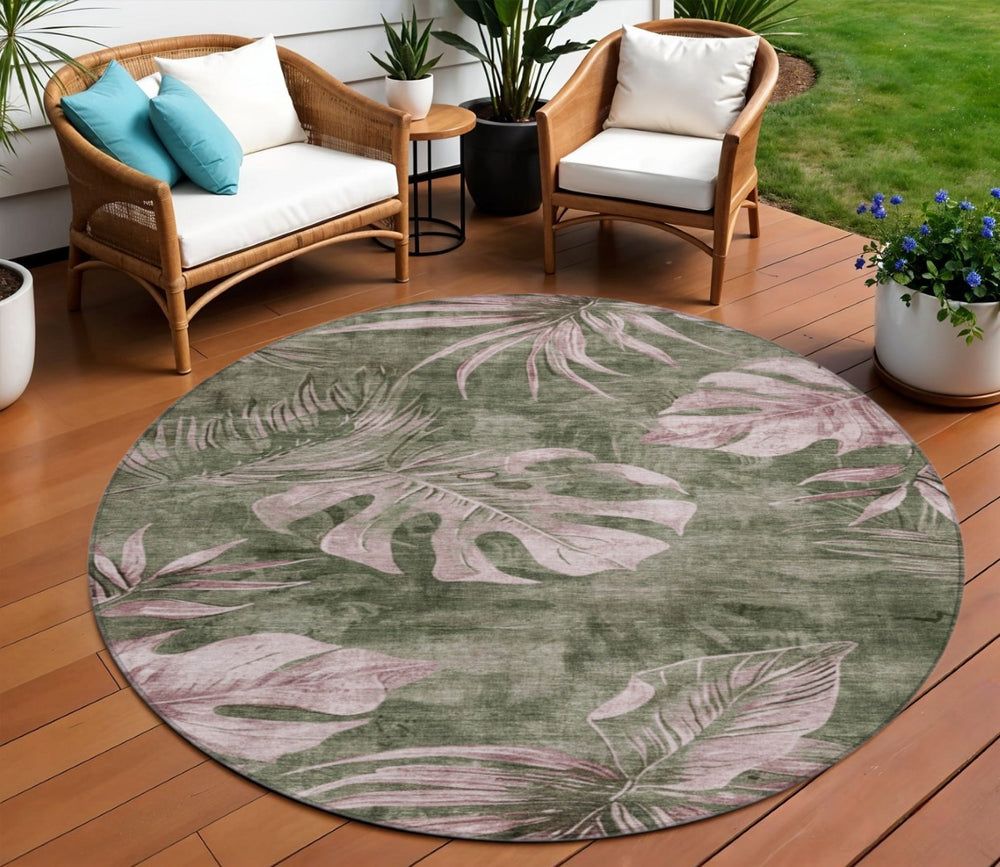 HomeRoots 8' Round Floral Area Rug in Olive Green & Blush - Washable, Durable, Indoor/Outdoor Charm & Style 624033