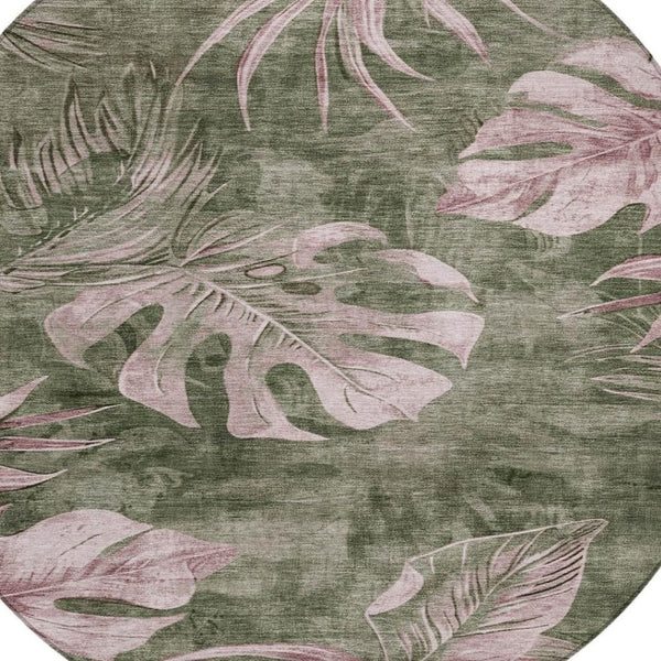 HomeRoots 8' Round Floral Area Rug in Olive Green & Blush - Washable, Durable, Indoor/Outdoor Charm & Style 624033