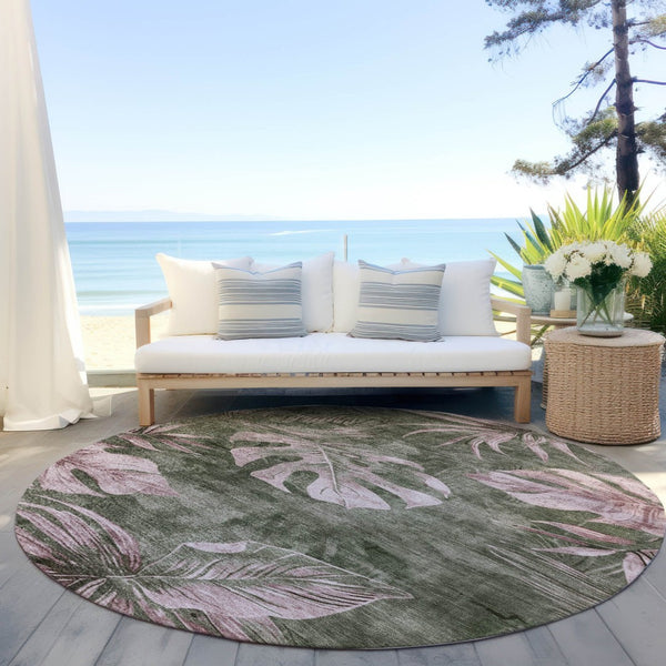 HomeRoots 8' Round Floral Area Rug in Olive Green & Blush - Washable, Durable, Indoor/Outdoor Charm & Style 624033