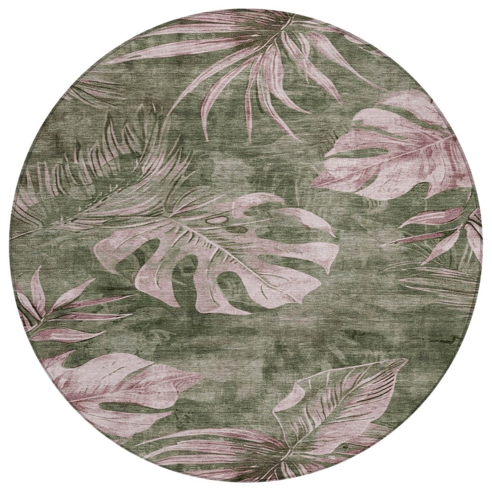 HomeRoots 8' Round Floral Area Rug in Olive Green & Blush - Washable, Durable, Indoor/Outdoor Charm & Style 624033
