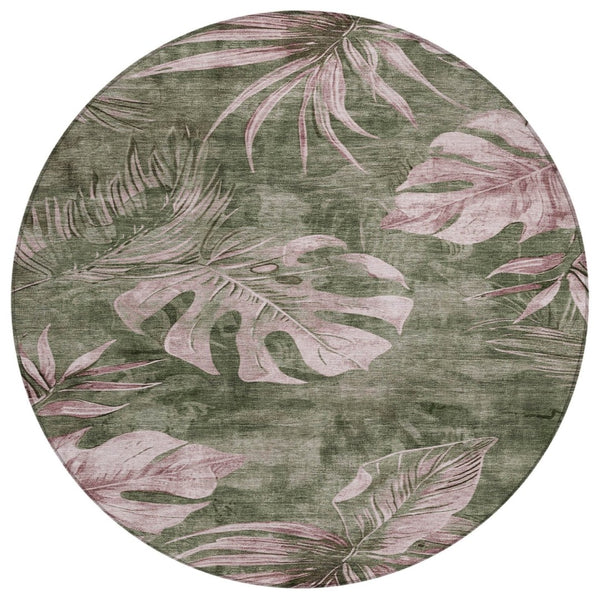 HomeRoots 8' Round Floral Area Rug in Olive Green & Blush - Washable, Durable, Indoor/Outdoor Charm & Style 624033