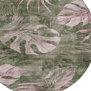 HomeRoots 8' Round Floral Area Rug in Olive Green & Blush - Washable, Durable, Indoor/Outdoor Charm & Style 624033