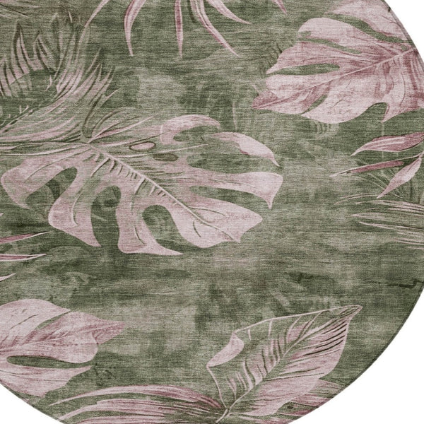 HomeRoots 8' Round Floral Area Rug in Olive Green & Blush - Washable, Durable, Indoor/Outdoor Charm & Style 624033