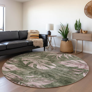 HomeRoots 8' Round Floral Area Rug in Olive Green & Blush - Washable, Durable, Indoor/Outdoor Charm & Style 624033