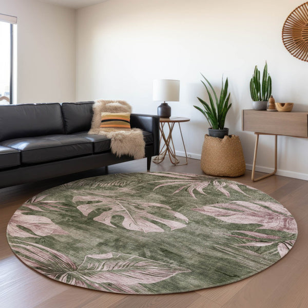HomeRoots 8' Round Floral Area Rug in Olive Green & Blush - Washable, Durable, Indoor/Outdoor Charm & Style 624033