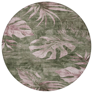 HomeRoots 8' Round Floral Area Rug in Olive Green & Blush - Washable, Durable, Indoor/Outdoor Charm & Style 624033