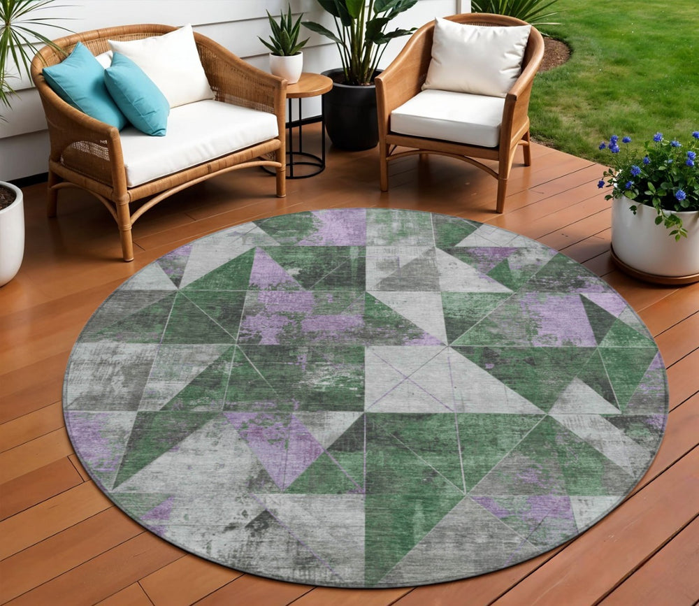 HomeRoots 8' Emerald & Purple Geometric Washable Round Area Rug - Durable, Stylish, Indoor/Outdoor Perfect! 624045