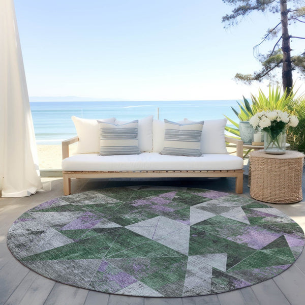 HomeRoots 8' Emerald & Purple Geometric Washable Round Area Rug - Durable, Stylish, Indoor/Outdoor Perfect! 624045