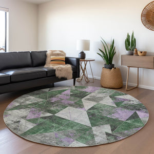 HomeRoots 8' Emerald & Purple Geometric Washable Round Area Rug - Durable, Stylish, Indoor/Outdoor Perfect! 624045