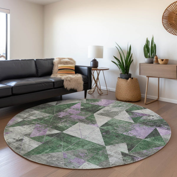 HomeRoots 8' Emerald & Purple Geometric Washable Round Area Rug - Durable, Stylish, Indoor/Outdoor Perfect! 624045