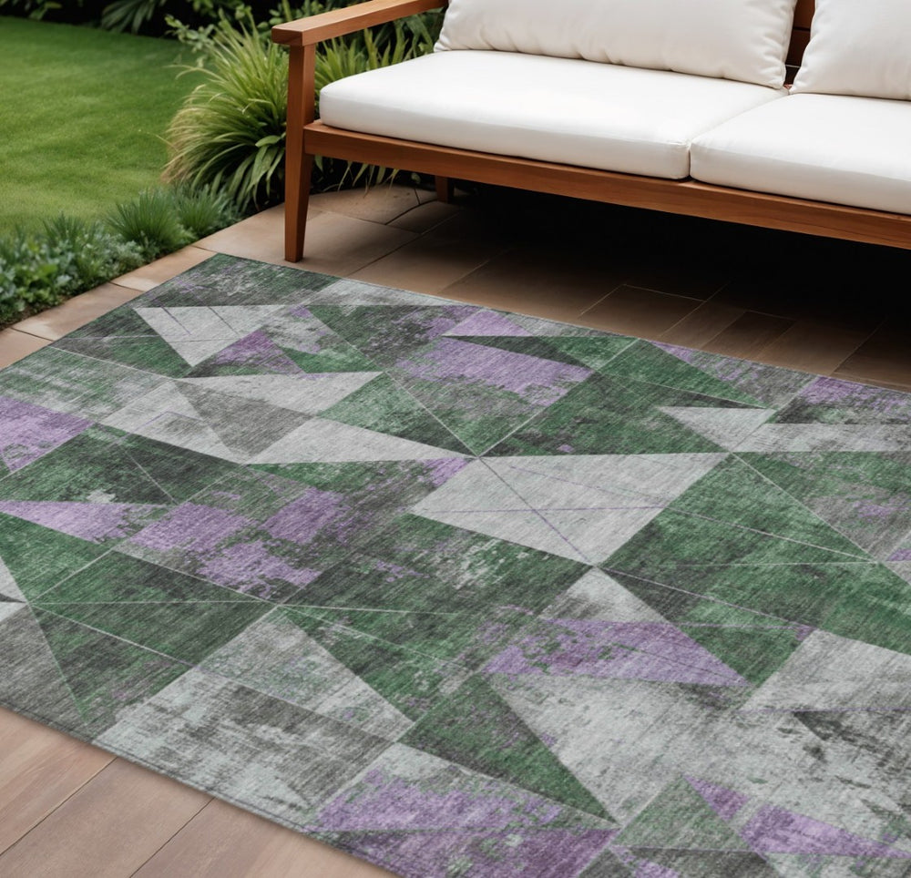 HomeRoots 10' Emerald & Purple Geometric Washable Area Rug – Durable, Stylish for Indoor & Outdoor Spaces! 624048
