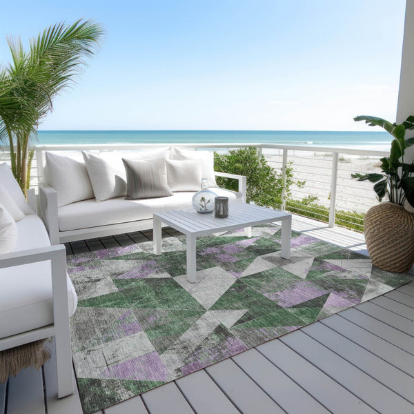 HomeRoots 10' Emerald & Purple Geometric Washable Area Rug – Durable, Stylish for Indoor & Outdoor Spaces! 624048