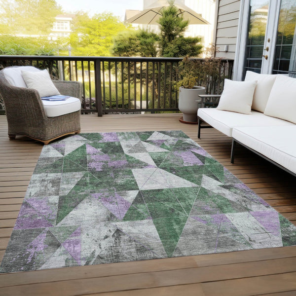 HomeRoots 10' Emerald & Purple Geometric Washable Area Rug – Durable, Stylish for Indoor & Outdoor Spaces! 624048