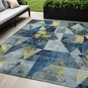 HomeRoots 5' X 8' Stylish Navy Blue and Yellow Geometric Area Rug - Washable, Durable for Indoor & Outdoor Use 624056