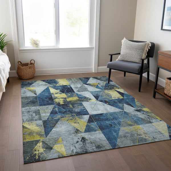 HomeRoots 5' X 8' Stylish Navy Blue and Yellow Geometric Area Rug - Washable, Durable for Indoor & Outdoor Use 624056