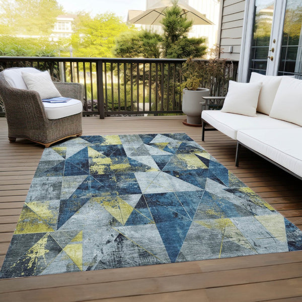HomeRoots 5' X 8' Stylish Navy Blue and Yellow Geometric Area Rug - Washable, Durable for Indoor & Outdoor Use 624056