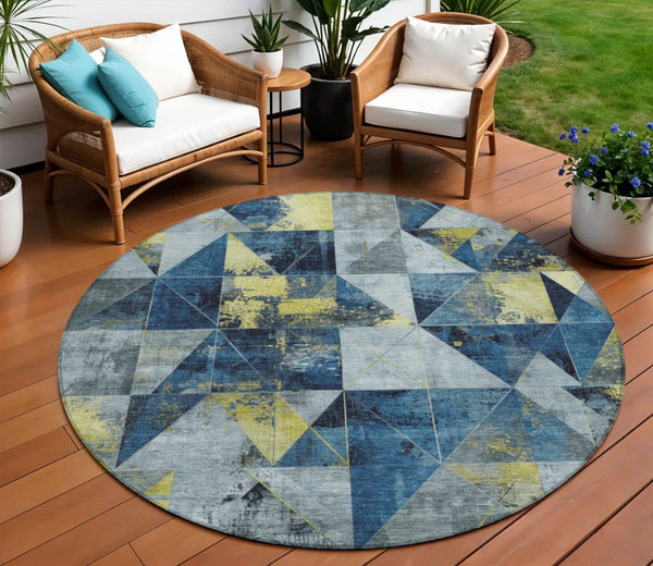 HomeRoots 8' Navy Blue & Yellow Geometric Area Rug - Stylish, Washable, Durable for Indoor/Outdoor Use! 624057