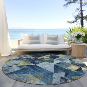 HomeRoots 8' Navy Blue & Yellow Geometric Area Rug - Stylish, Washable, Durable for Indoor/Outdoor Use! 624057