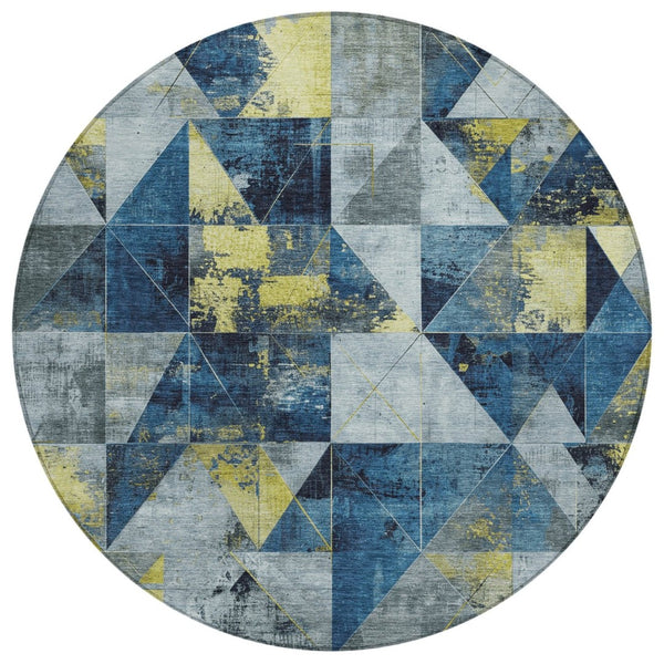 HomeRoots 8' Navy Blue & Yellow Geometric Area Rug - Stylish, Washable, Durable for Indoor/Outdoor Use! 624057
