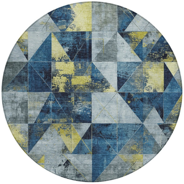 HomeRoots 8' Navy Blue & Yellow Geometric Area Rug - Stylish, Washable, Durable for Indoor/Outdoor Use! 624057