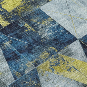 HomeRoots 8' Navy Blue & Yellow Geometric Area Rug - Stylish, Washable, Durable for Indoor/Outdoor Use! 624057