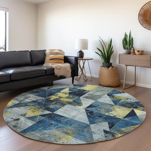 HomeRoots 8' Navy Blue & Yellow Geometric Area Rug - Stylish, Washable, Durable for Indoor/Outdoor Use! 624057