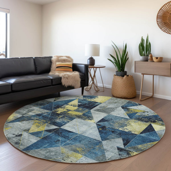 HomeRoots 8' Navy Blue & Yellow Geometric Area Rug - Stylish, Washable, Durable for Indoor/Outdoor Use! 624057