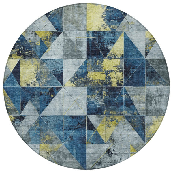 HomeRoots 8' Navy Blue & Yellow Geometric Area Rug - Stylish, Washable, Durable for Indoor/Outdoor Use! 624057