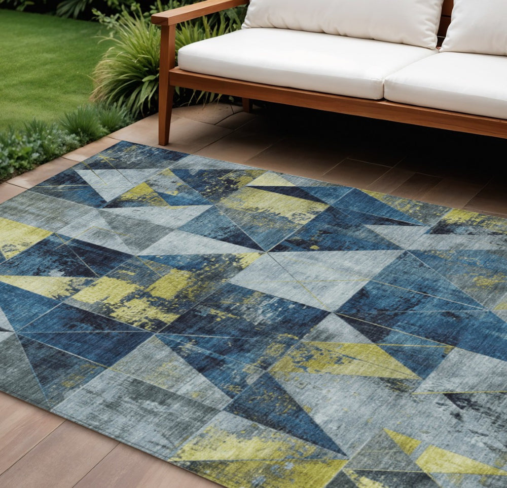 HomeRoots 8' X 10' Navy Blue And Yellow Geometric Area Rug – Washable, Stylish, Indoor/Outdoor Versatility! 624058