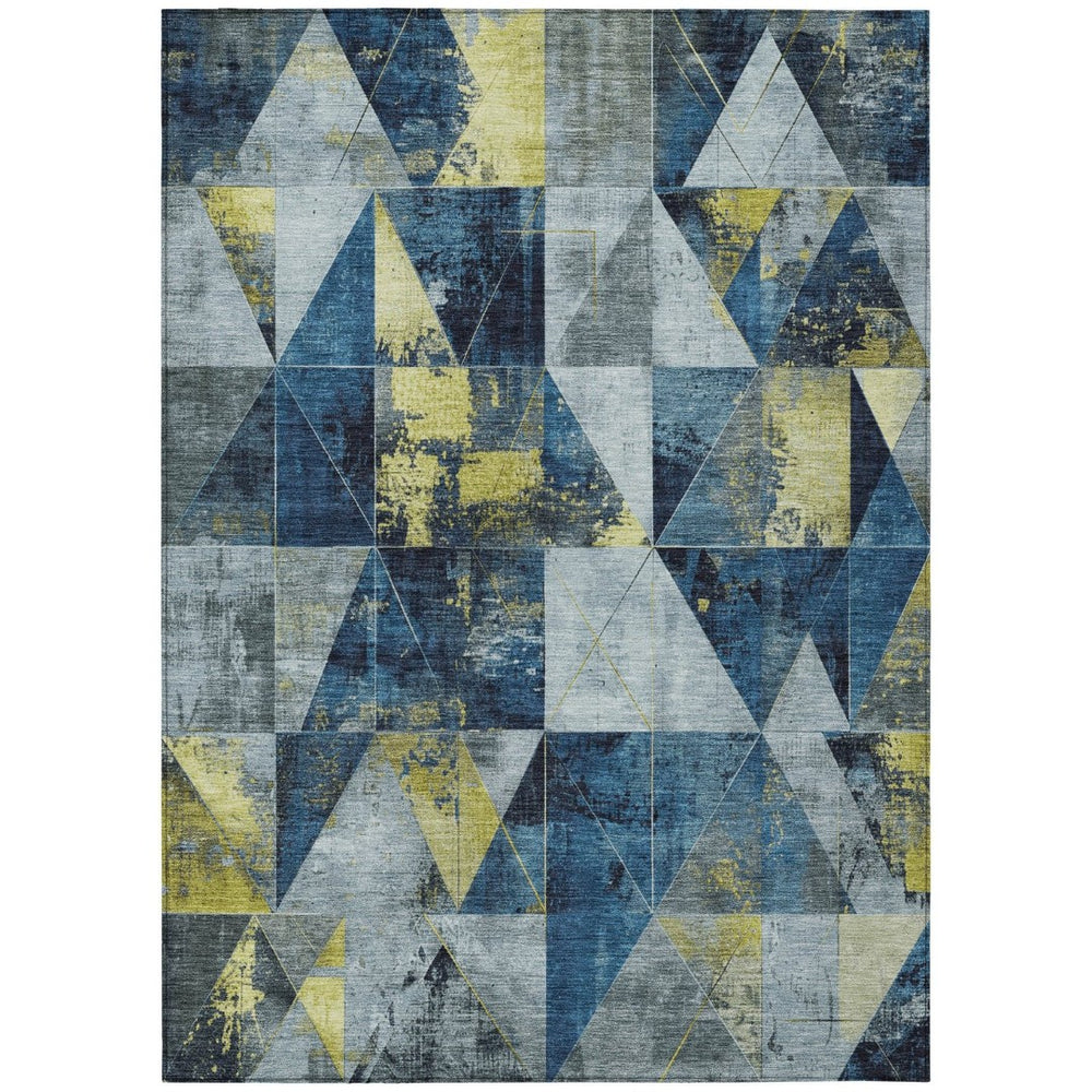 HomeRoots 8' X 10' Navy Blue And Yellow Geometric Area Rug – Washable, Stylish, Indoor/Outdoor Versatility! 624058