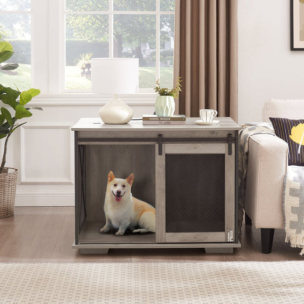 English Elm Farmhouse Dog Cage Crate Furniture with Sliding Barn Door, Secure Metal Latch, Flip-Up Top Access and Removable Divider for Small to Large Dogs (40.94x30.51x6.69) Gray Wash W2275P164727