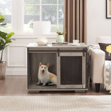 English Elm Farmhouse Dog Cage Crate Furniture With Sliding Barn Door, Farmhouse Wooden Dog Kennel End Table With Flip-Top Plate Dog House With Detachable Divider For Small/Medium/Large Dog Gray