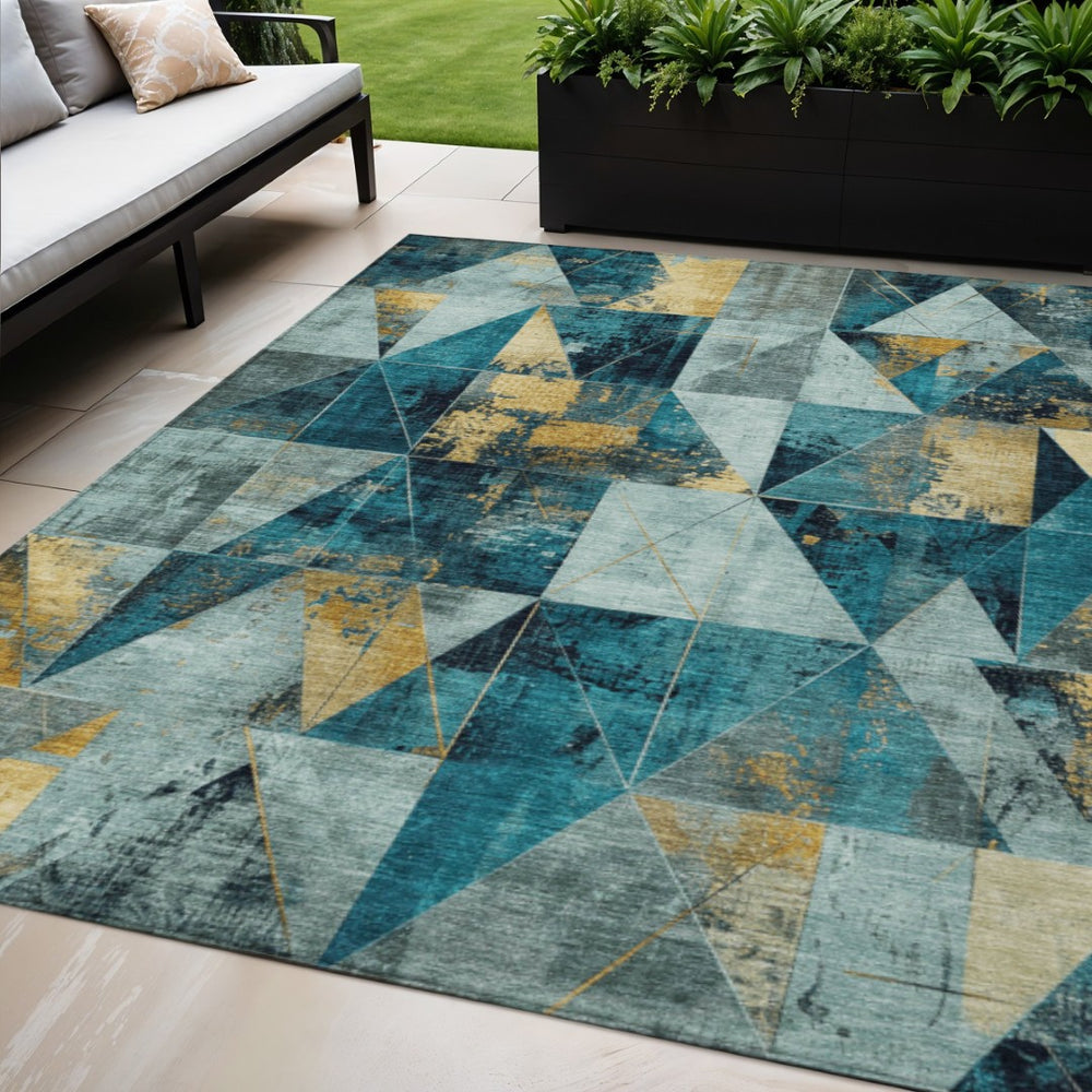 HomeRoots 5' Teal Blue and Gold Geometric Area Rug - Durable, Washable, Indoor/Outdoor, Perfect for High-Traffic Spaces 624074