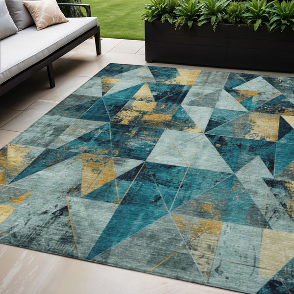 HomeRoots 5' Teal Blue and Gold Geometric Area Rug - Durable, Washable, Indoor/Outdoor, Perfect for High-Traffic Spaces 624074