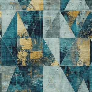 HomeRoots 5' Teal Blue and Gold Geometric Area Rug - Durable, Washable, Indoor/Outdoor, Perfect for High-Traffic Spaces 624074