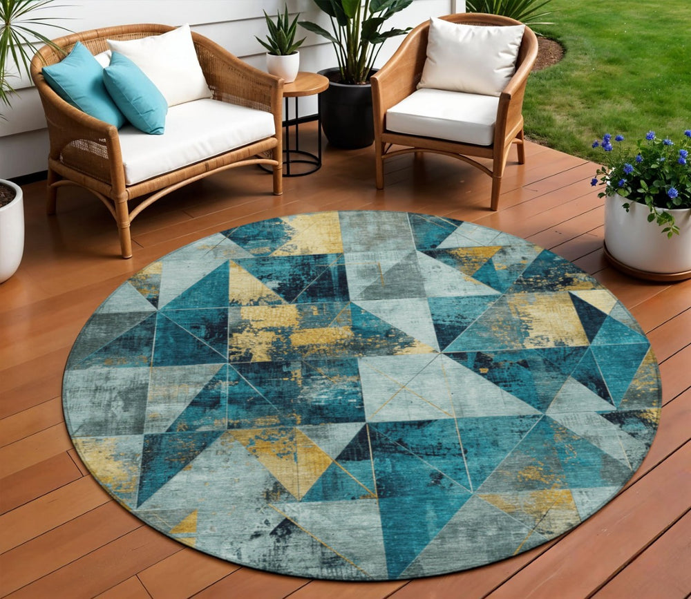 HomeRoots 8' Teal Blue & Gold Geometric Indoor Outdoor Area Rug – Stylish, Durable, & Washable for Any Space! 624075