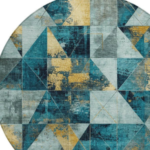 HomeRoots 8' Teal Blue & Gold Geometric Indoor Outdoor Area Rug – Stylish, Durable, & Washable for Any Space! 624075